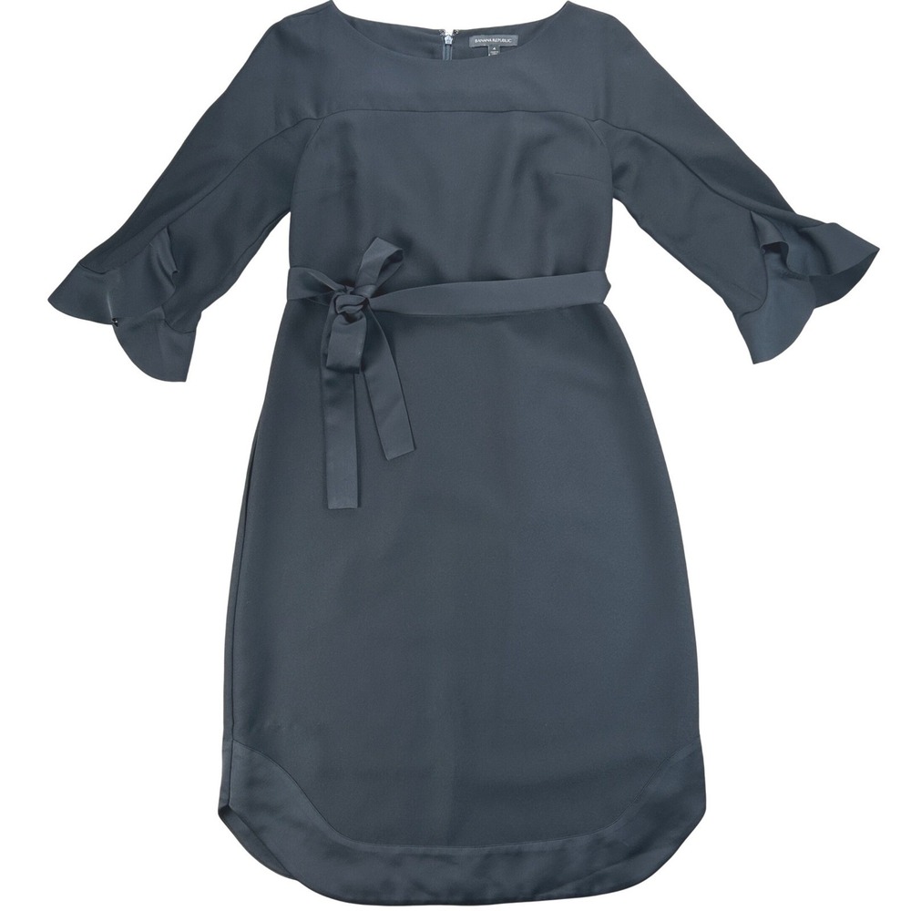 Banana Republic Flounce Sleeve Tie-Waist Dress Women 4 Black Ruffle Belted Chic